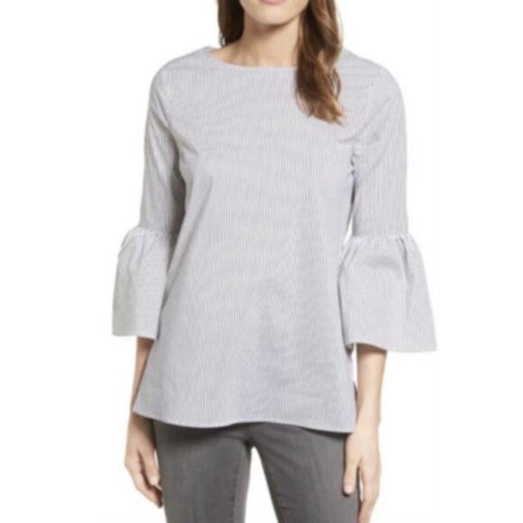 Gibson Poplin White Black Pinstripe Bell Sleeve Blouse Women's Size Small - Picture 1 of 11